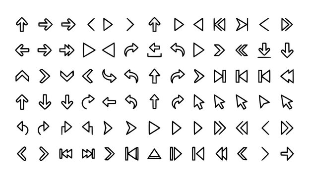 Collection of black line art directional arrows and bracket symbols