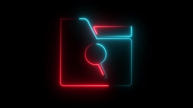  neon digital file management with folder, document and file transfer. glowing neon document file and information database search  process.