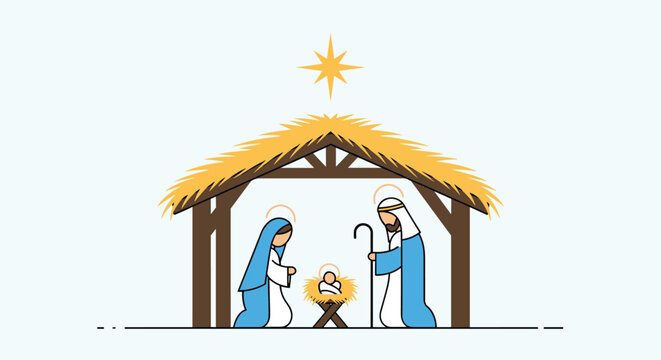 Traditional Christmas nativity scene depicts Mary, Joseph, and baby Jesus in a humble stable under a bright star.