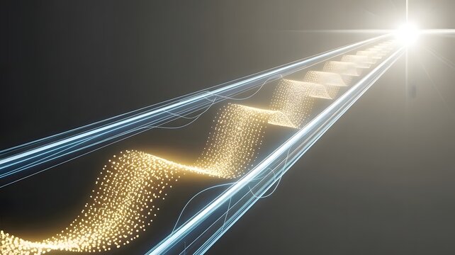 Glowing particle streams moving through glass pipeline &ndash; Suitable for financial transaction tracking, automated trading systems, or efficiency concept designs.