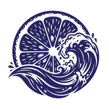 Orange fruit slice with crashing ocean wave silhouette icon summer time sea wave vitamin c summer vibes nature element food art tropical fruit splash wave
