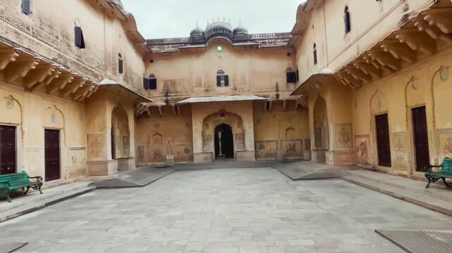 Interior of Nahargarh Fort in Jaipur, Rajasthan, India, featuring ornate Rajput architecture, royal chambers, decorative arches, and historic palace interiors that reflect the grandeur of Rajasthan&rsquo;s 