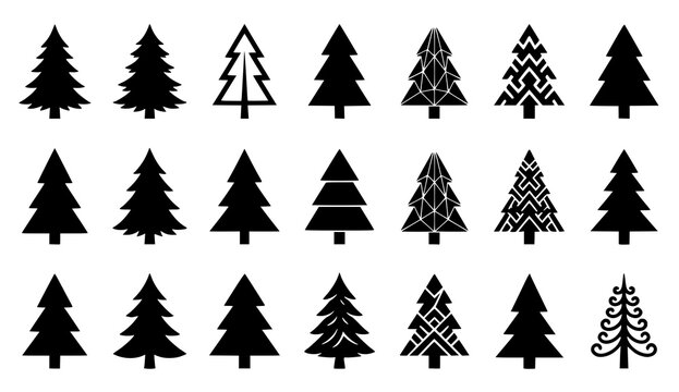 Collection of black silhouette evergreen tree graphics and icons