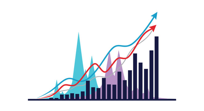 Business growth chart showing rising arrows and dark blue bar graphs indicating strong and positive financial performance.