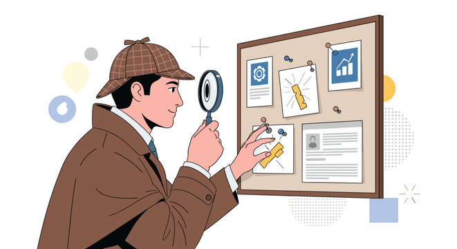 Classic detective wearing a deerstalker hat and using a magnifying glass to examine clues on an investigation board.