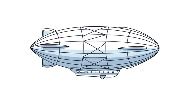 Detailed vintage style illustration of a large dirigible zeppelin airship with a passenger gondola flying on a clean white background.