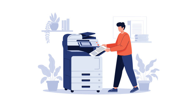 Office worker in casual clothes using a modern professional multifunction printer and copier to copy or scan important documents.