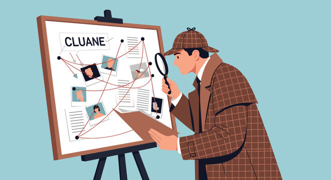 Famous detective character in a brown coat using a magnifying glass to investigate clues on a mystery board with various photos.
