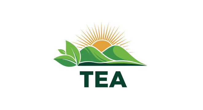 Nature inspired tea brand logo featuring green tea leaves in front of rolling hills and a bright rising sun in the summer background.