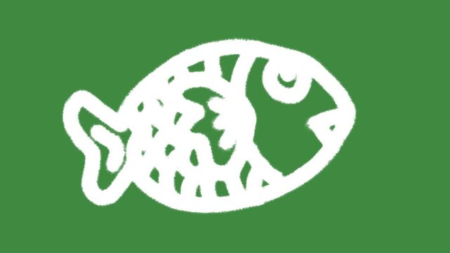 Ocean conservation chubby fish hand-drawn cartoon graphic with chalk outline marine life icon isolated on green screen background for aquaculture industry and biodiversity preservation line art.