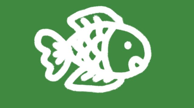 Ocean conservation swimming fish hand-drawn cartoon graphic with chalk outline marine life icon isolated on green screen background for aquaculture industry and biodiversity preservation line art.