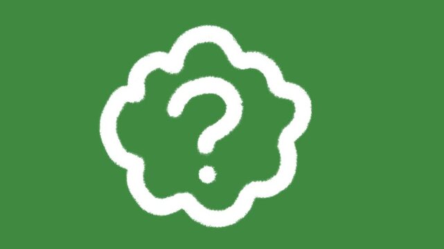White question mark in cloud hand-drawn cartoon graphic with chalk outline help and FAQ badge icon isolated on green screen background for problem solving and creative support line art element.