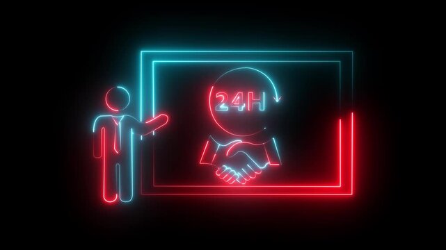 Glowing neon graphic of a man presenting a handshake handshake icon and 24 hour icon,Symbol of handshake, agreement business contract concept. handshake icon finance .