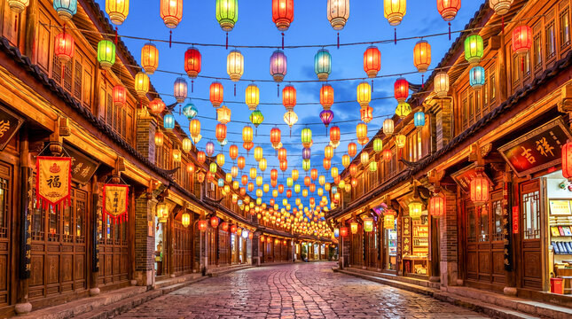 Farolillos decorativos iluminan una calle tradicional creando una atm&oacute;sfera festiva y acogedora.