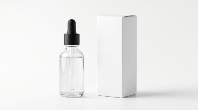 A clear glass dropper bottle with a black cap sits beside a white rectangular box on a plain surface.