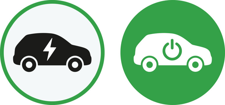 Electric vehicle icon set with lightning bolt and power button symbols for eco friendly alternative transport design