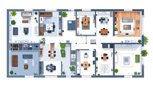 Top down view of a modern office floor plan with meeting rooms, workstations, and lounge areas, interior design concept
