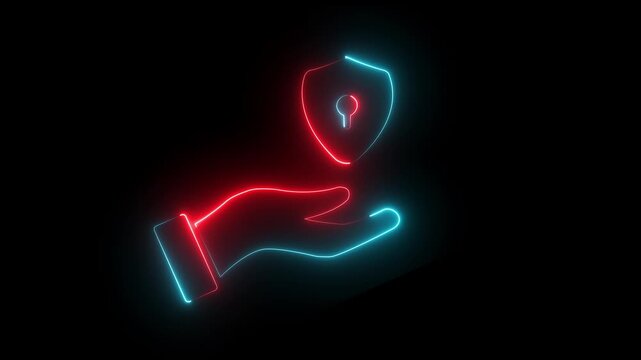 Neon Hands Holding key Icons on Black Background. Neon line of hand holding lock icon with key sign. 