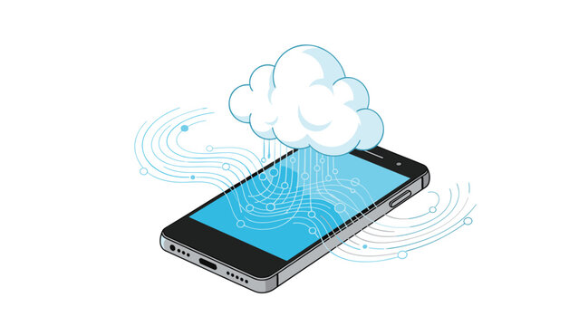 Smartphone with cloud and glowing data lines emanating from the screen symbolizes mobile cloud computing and data streaming.