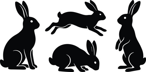 Obraz premium Rabbit silhouette vector illustration set featuring running sitting standing and resting cute bunnies isolated on white background