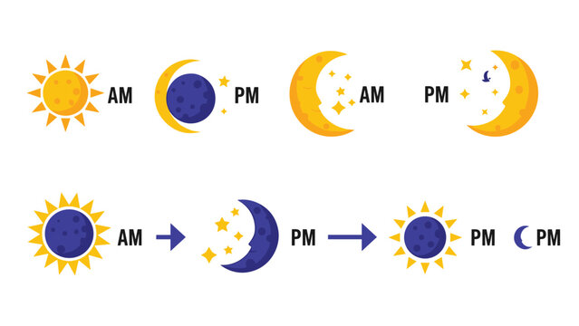 Icons showing sun and moon transitions with AM and PM labels represent day and night cycles and time management concepts.