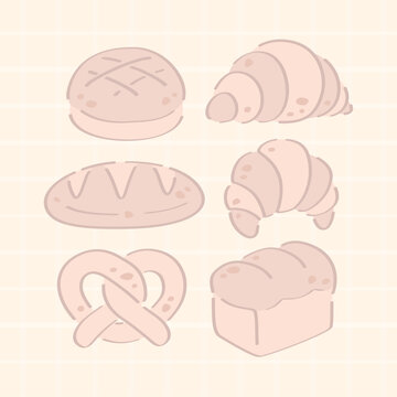 Cute Kawaii Bread and Pastry Collection Vector Set &ndash; Hand Drawn Bakery Bread, Croissant, Pretzel and Loaf Clipart