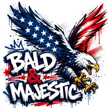 Fierce Bald Eagle Attack with American Flag Wing and Bold Majestic Graffiti Text