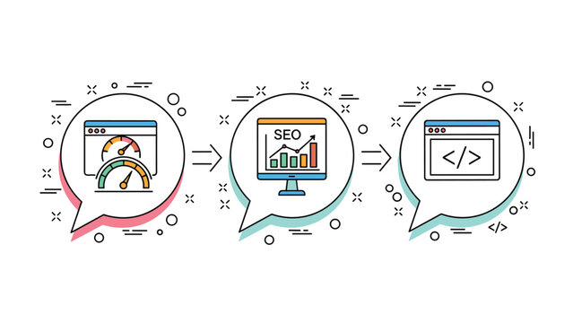 Search engine optimization and website development process icons showing page speed, data analysis, and coding for business.