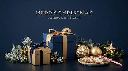 Luxury Blue and Gold Merry Christmas Banner with Gifts