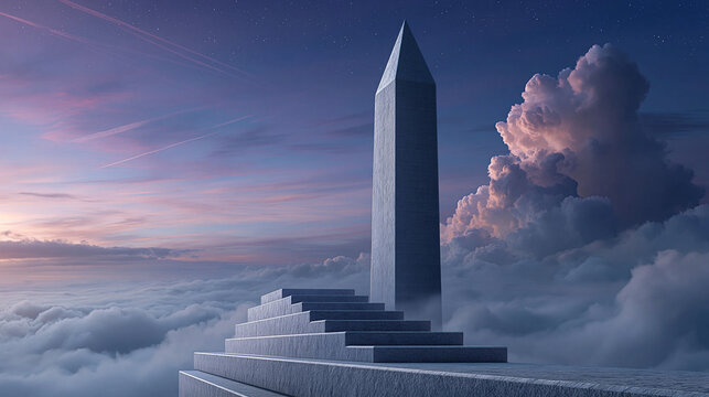 Majestic obelisk rising above the clouds at sunset digital artwork surreal environment aerial perspective dreamlike concept