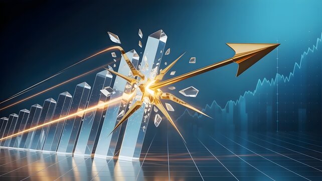 Golden arrow piercing through transparent glass barriers &ndash; Perfect for investment breakthrough announcements, market disruption news, or overcoming financial challenges.