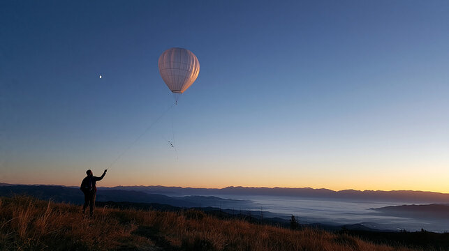 Adventure Sport: Hot Air Ballooning at Sunset Over Expansive Scenic Landscape