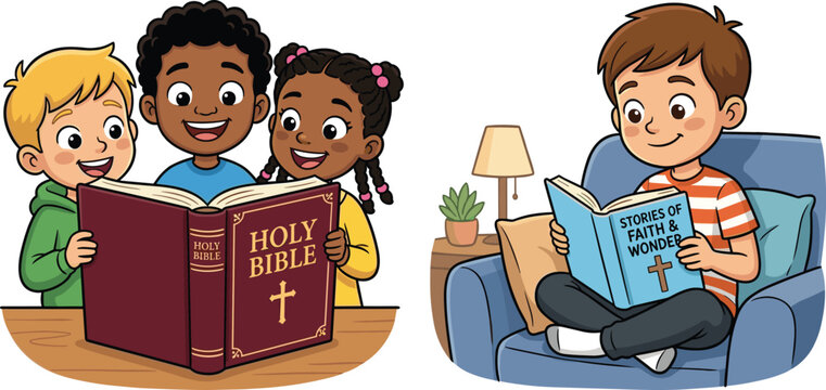 Cute cartoon vector illustration set of children reading the holy bible and faith stories together at home