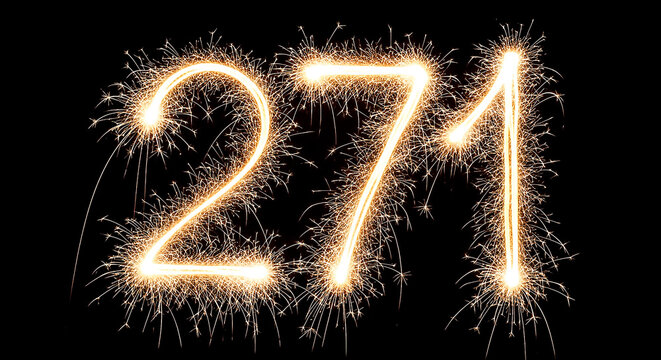Dramatic fireworks explosion creating the illuminated number 271 against a dark night sky, symbolizing celebration or a futuristic countdown.