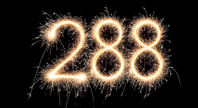 Vibrant fireworks forming the number 288 against a dark backdrop, creating a striking visual effect for celebrations or milestones.