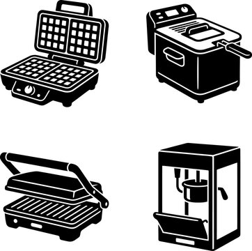 Collection of kitchen electric appliances featuring waffle maker deep fryer press grill and popcorn machine icons for home culinary food preparation cooking gadgets.