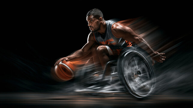 Inspirational Wheelchair Basketball Athlete in Action: Determination, Speed, and Athleticism on the Urban Basketball Court