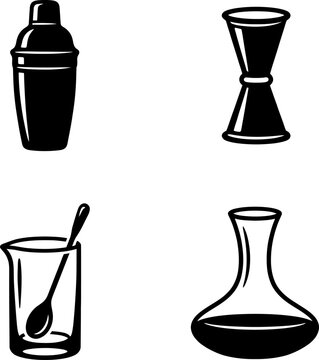 Cocktail shaker jigger mixing glass and decanter icon set for home beverage preparation stylish bartender tools collection isolated on transparent background design.