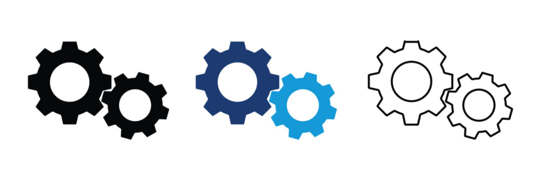 A set of three gear in black blue and outline variations symbolizing teamwork mechanics and industry on a white background Keywords: gears, cogs, mechanics, industry, teamwork, connection, process