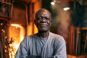 Obraz premium Senior Black steelworker smiling in a foundry with glowing orange furnace light, industrial atmosphere