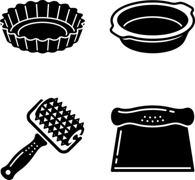 Baking and pastry kitchen tools with fluted tart pan pie dish meat tenderizer and dough scraper vector illustration set.