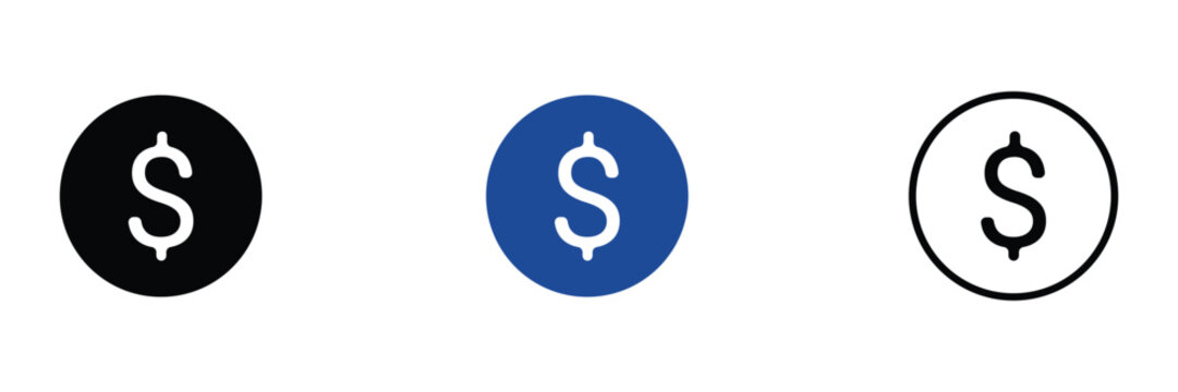 Three distinct of a dollar sign within a circle in solid black blue and outline styles presented on a white background for financial representation Keywords: dollar sign, currency symbol, money