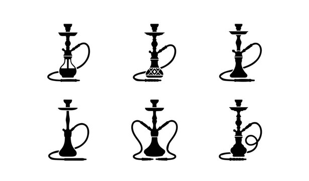 Hookah Shisha Icon Set Featuring Traditional Arabic Smoking Pipe Concepts and Oriental Waterpipe Design Templates in Black Silhouette Style