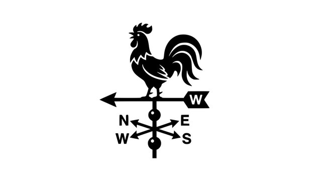 Rooster Weather Vane Icon Featuring Wind Direction Arrow and Cardinal Points North East West South Black Silhouette Template