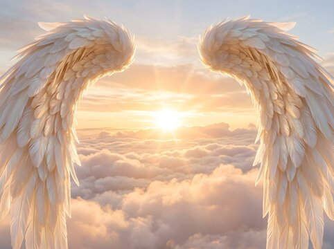 Divine angel wings embrace a golden sunrise over soft, billowing clouds
