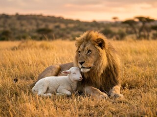 A peaceful lion and lamb rest in a golden field at soft sunset
