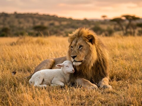 A peaceful lion and lamb rest in a golden field at soft sunset