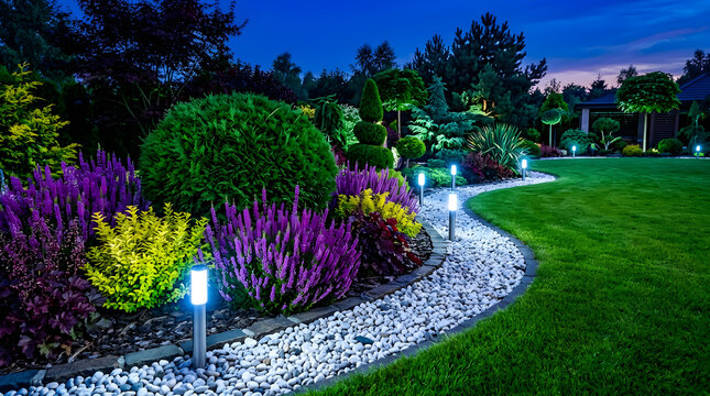 Modern backyard garden with illuminated pebble path and colorful plants at blue hour