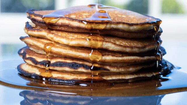 Golden brown pancakes stacked high, drizzled generously with sweet maple syrup, a delicious breakfast treat.