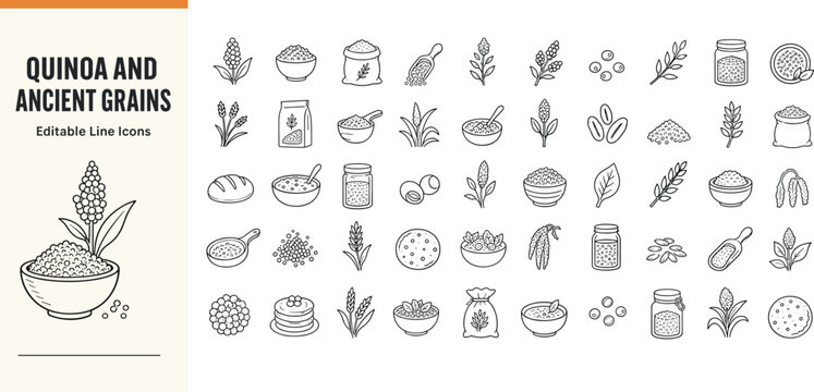 A collection of editable vector line icons featuring quinoa and ancient grains. Perfect for healthy food branding, organic menus, diet websites, and nutrition infographics.